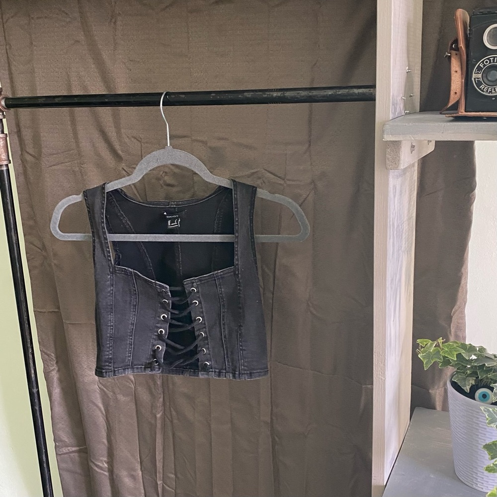 Black Denim Lace-Up Vest